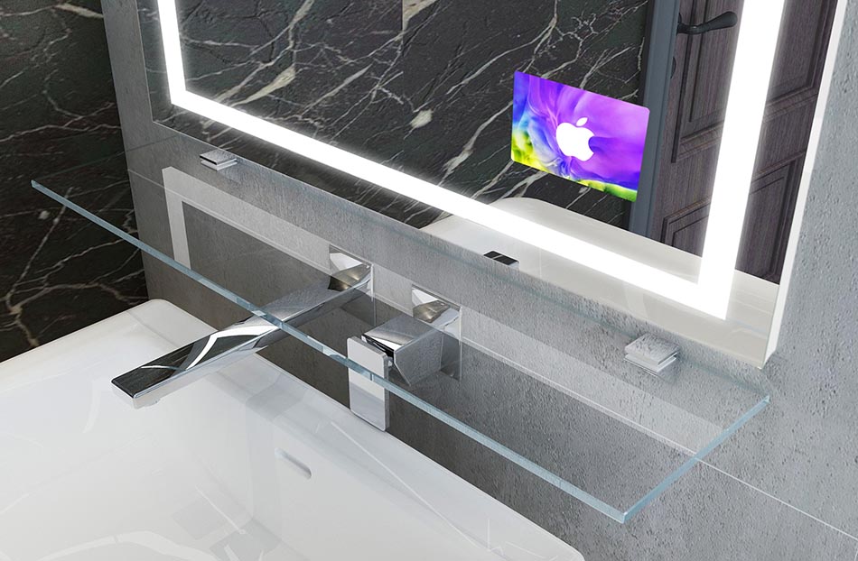 Ein gläsernes Fach ist ein ausgezeichnetes zeitloses Gadget, das zusammen mit dem Spiegel auf ideale Weise einen Platz für Badezimmeraccessoires bildet.