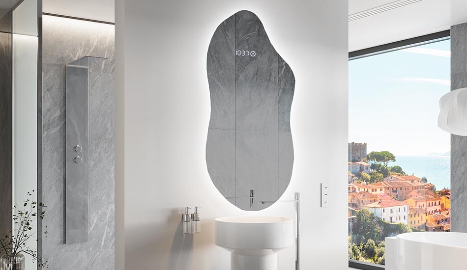 Asymmetrischer LED-Spiegel mit sanfter Hintergrundbeleuchtung – asymmetrischer spiegel | ARTFORMA