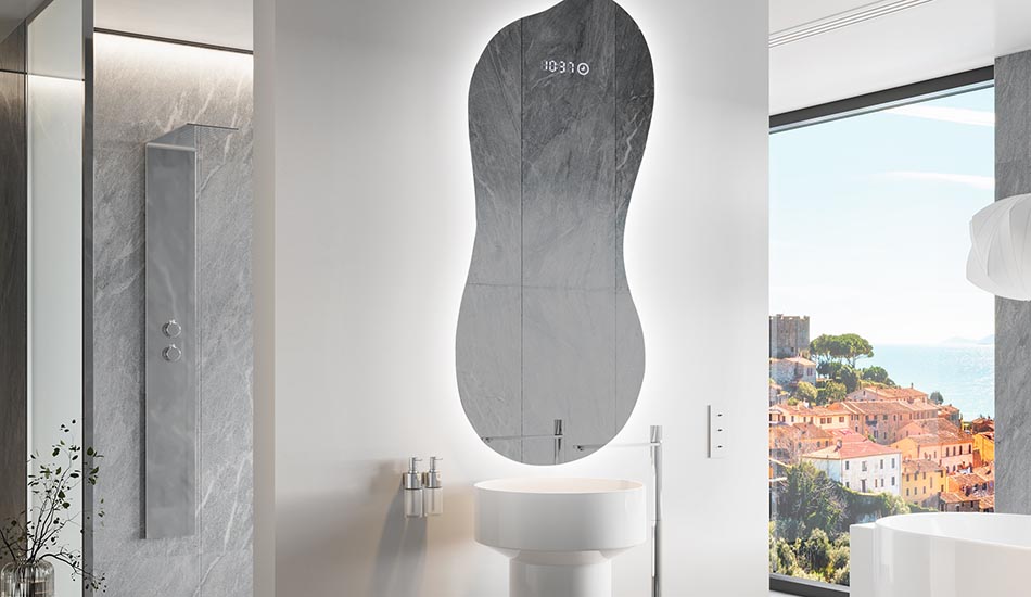 Asymmetrischer LED-Spiegel mit sanfter Hintergrundbeleuchtung – asymmetrischer spiegel | ARTFORMA