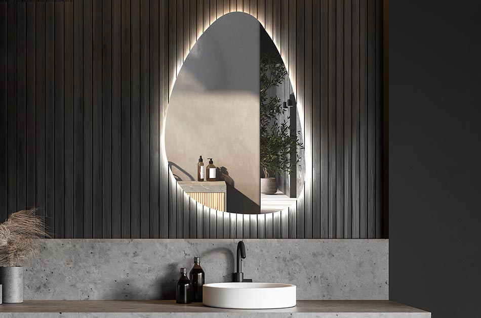Asymmetrischer LED-Spiegel mit sanfter Hintergrundbeleuchtung – asymmetrischer spiegel | ARTFORMA