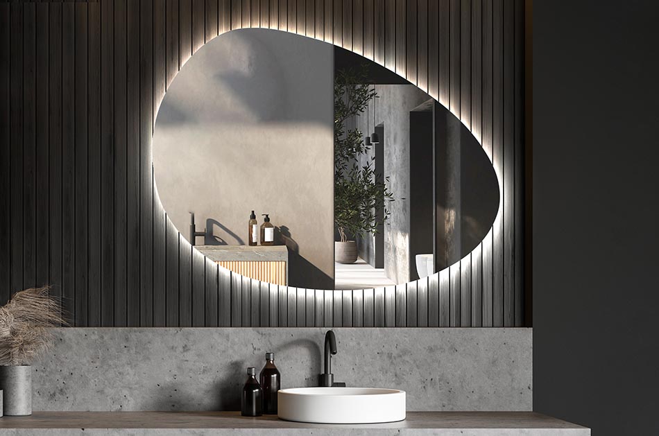 Asymmetrischer LED-Spiegel mit sanfter Hintergrundbeleuchtung – asymmetrischer spiegel | ARTFORMA