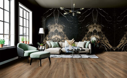 Großformatige Feinsteinzeugfliese für den Boden, 120 x 280 cm, Bookmatch, schwarz glänzend mit goldener Ader, rektifiziert, A4H203 Pierre Black