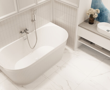 Freistehende geriffelte Badewanne Glamour 170 cm, komplett mit Siphon und Stopfen/Ablauf in Weiß