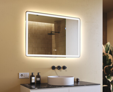 Abgerundeter Badspiegel 100x70cm mit LED Beleuchtung mit Dual color, Touch Schalter, Heizmatte, Bluetooth-Lautsprecher - L141