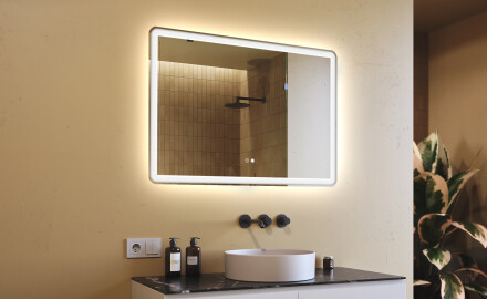 Abgerundeter Badspiegel 100x70cm mit LED Beleuchtung mit Dual color, Touch Schalter, Heizmatte, Bluetooth-Lautsprecher - L141