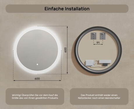 Runder Badezimmerspiegel beleuchtet LED 60cm mit Dual color, Touch Schalter #7
