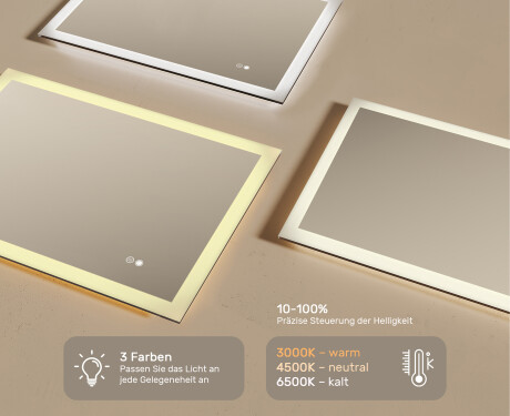 Rechteckiger Spiegel für Bad mit Beleuchtung LED 100x70cm mit Dual color, Touch Schalter, Heizmatte #3