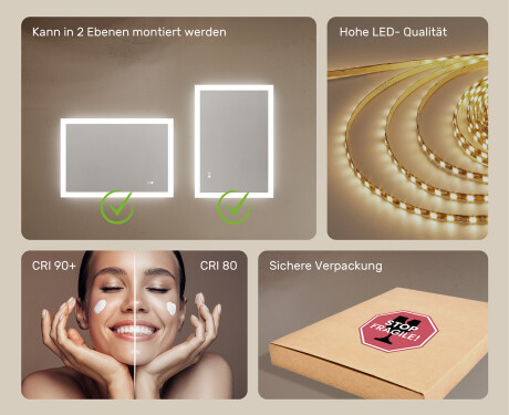 Rechteckiger Spiegel für Bad mit Beleuchtung LED 100x70cm mit Dual color, Touch Schalter, Heizmatte #6