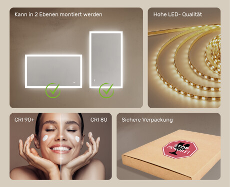 Rechteckiger Badezimmerspiegel mit Beleuchtung LED 120x70cm mit Dual color, Touch Schalter, Heizmatte #6