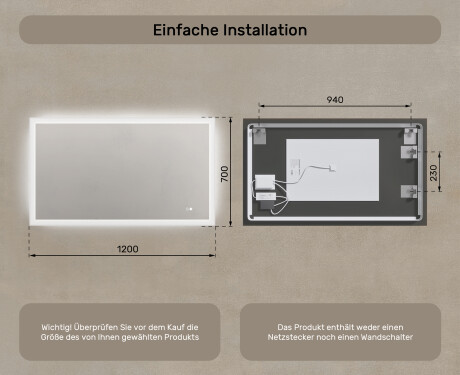 Rechteckiger Badezimmerspiegel mit Beleuchtung LED 120x70cm mit Dual color, Touch Schalter, Heizmatte #8