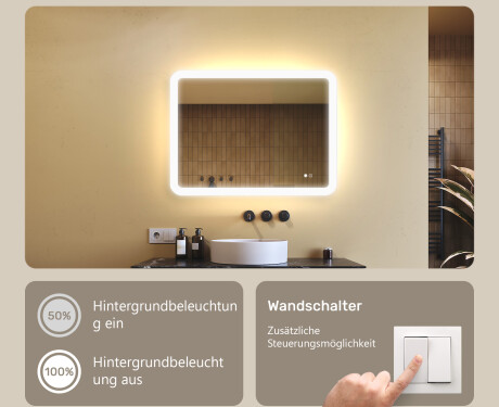 Abgerundeter Badezimmerspiegel mit LED-Beleuchtung, 80×60 cm, zweifarbig, Touch‑Schalter, Heizmatte #4