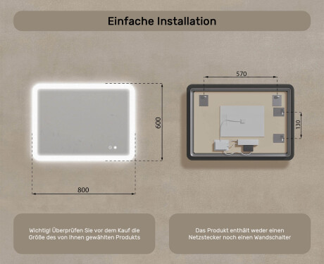 Abgerundeter Badezimmerspiegel mit LED-Beleuchtung, 80×60 cm, zweifarbig, Touch‑Schalter, Heizmatte #8