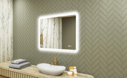 Abgerundeter Badezimmerspiegel mit LED-Beleuchtung, 80×60 cm, zweifarbig, Touch‑Schalter, Heizmatte