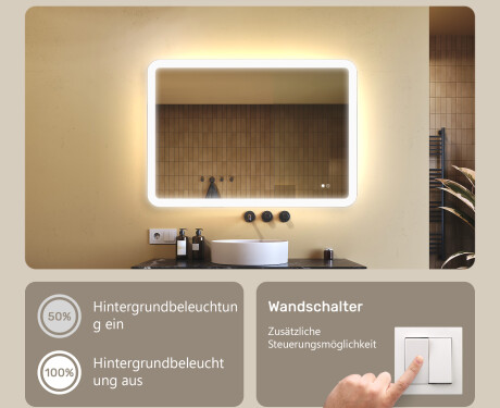 Abgerundeter Badezimmerspiegel mit LED-Beleuchtung, 100×70 cm, zweifarbig, Touch‑Schalter, Heizmatte #4