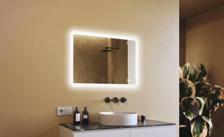 Abgerundeter Badezimmerspiegel mit LED-Beleuchtung, 100×70 cm, zweifarbig, Touch‑Schalter, Heizmatte