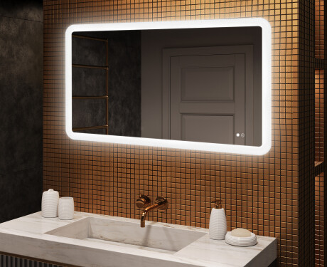 Abgerundeter Badezimmerspiegel mit LED-Beleuchtung, 120×70 cm, zweifarbig, Touch‑Schalter, Heizmatte