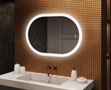 Beleuchteter Badezimmerspiegel, 100×70 cm, zweifarbig, Touch‑Schalter, Heizmatte