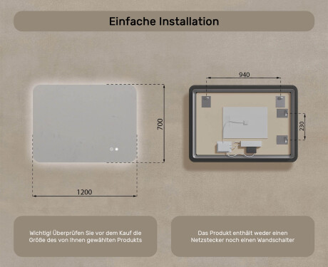 Abgerundeter Badezimmerspiegel mit LED-Beleuchtung, 120×70 cm, zweifarbig, Touch‑Schalter, Heizmatte #8