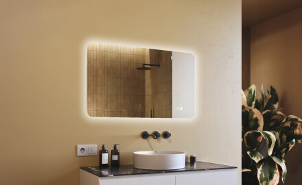 Abgerundeter Badezimmerspiegel mit LED-Beleuchtung, 120×70 cm, zweifarbig, Touch‑Schalter, Heizmatte