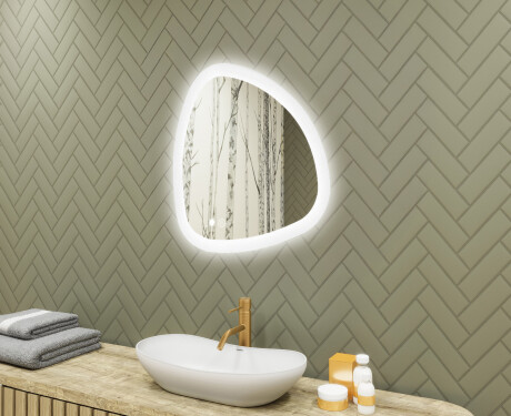 Unregelmäßiger Spiegel mit Beleuchtung, 64×64 cm, zweifarbig, Touch‑Schalter, Heizmatte