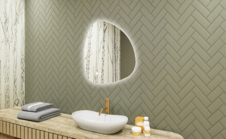 Unregelmäßiger Spiegel mit Beleuchtung, 64×64 cm, zweifarbig, Touch‑Schalter, Heizmatte