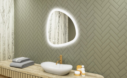 Unregelmäßiger Spiegel mit Beleuchtung, 74×74 cm, zweifarbig, Touch‑Schalter, Heizmatte