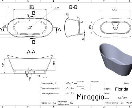 Badewanne FLORIDA MIRASOFT