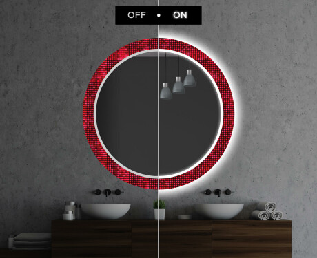 Runder dekorativer Spiegel mit LED-Beleuchtung für das Badezimmer - Red Mosaic #7