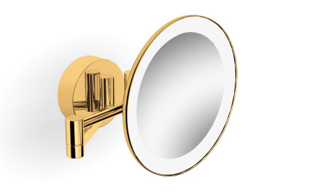 Kosmetikspiegel mit 3-facher Vergrößerung, rund, LED-Beleuchtung (warmes/kaltes Licht), schwenkbar, doppelter beweglicher Arm / goldglänzend