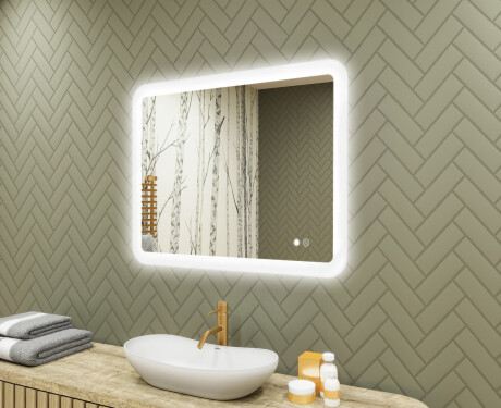 Abgerundeter Badezimmerspiegel mit LED-Beleuchtung, zweifarbig, Touch‑Schalter, Heizmatte